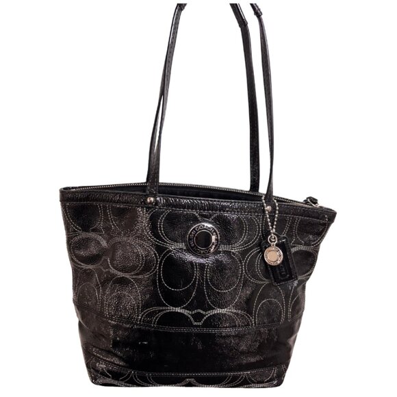 Coach Large Signature Black Patent Leather Shoulder Handbag - Picture 3 of 10